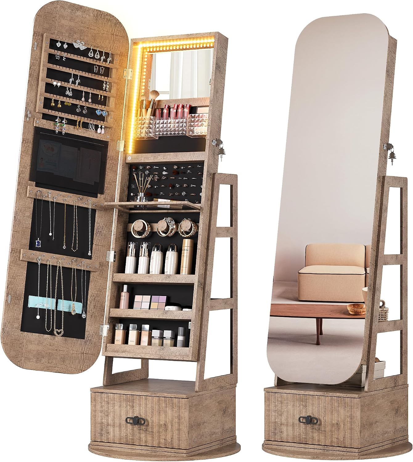 Full Length Mirror Jewelry Armoire - Organiseur de bijoux pivotant à 360°