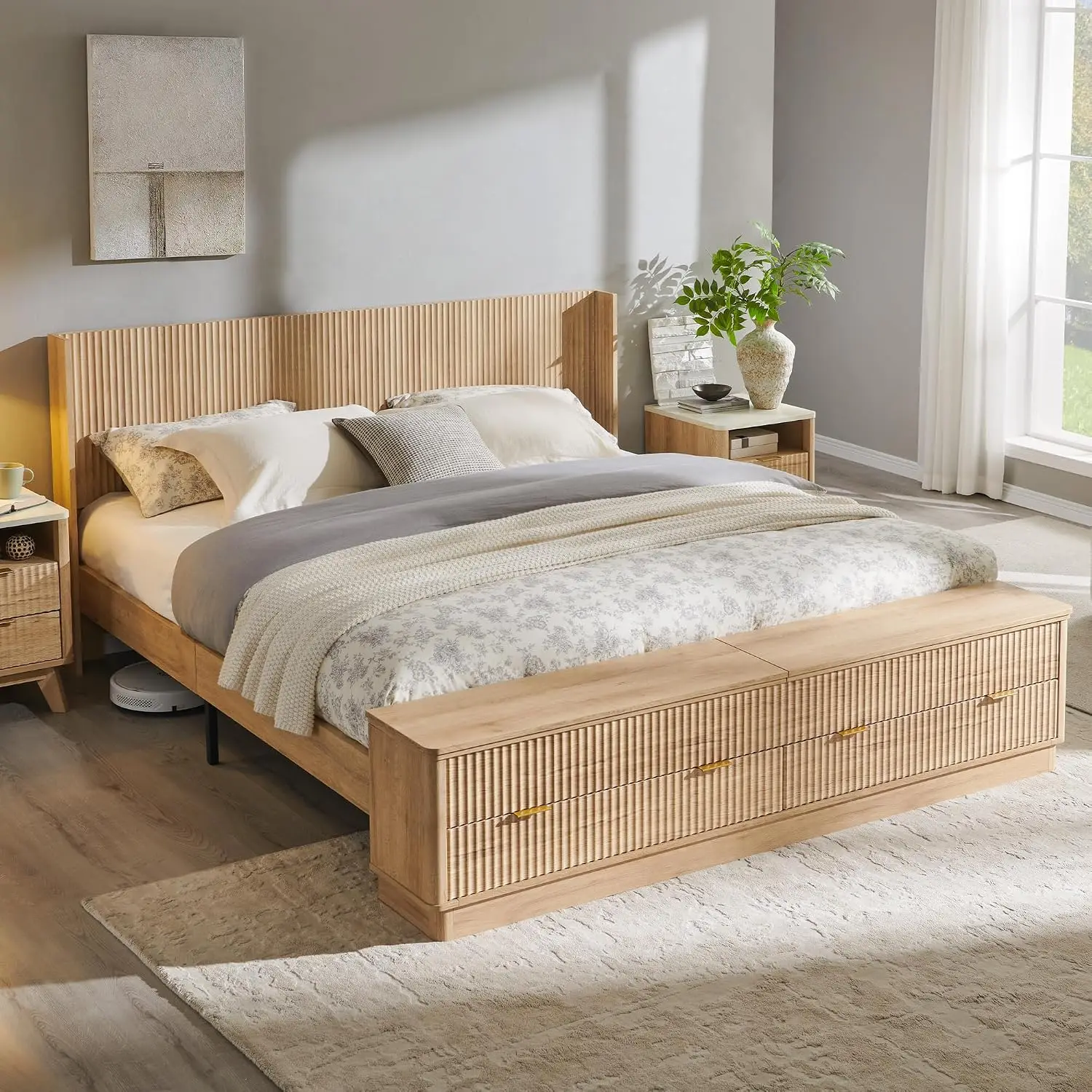 King Size Bed Frame With Storage Drawers - Cadre de lit King Size cannelé