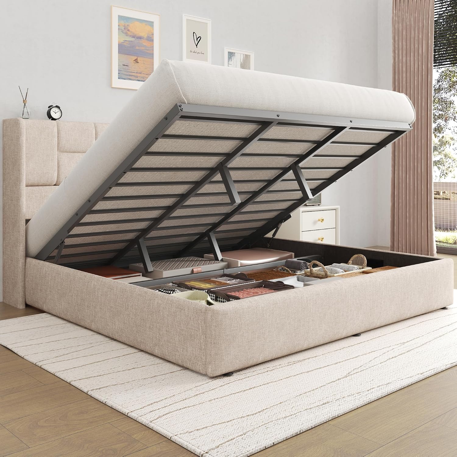 Gas Lift Storage Bed Hydraulic - Cadre de lit King avec plateforme