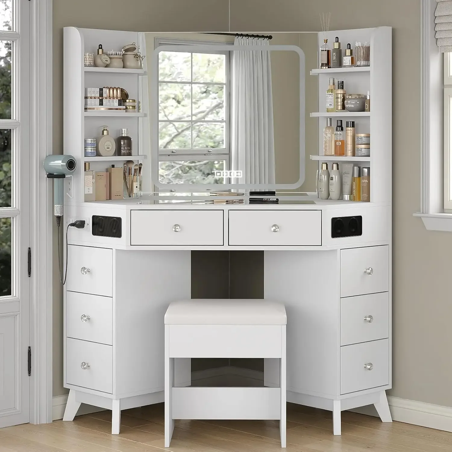 Dressing Table Vanity With Lighted Mirror - Coiffeuse d'angle avec haut-parleurs, tiroirs, étagères,