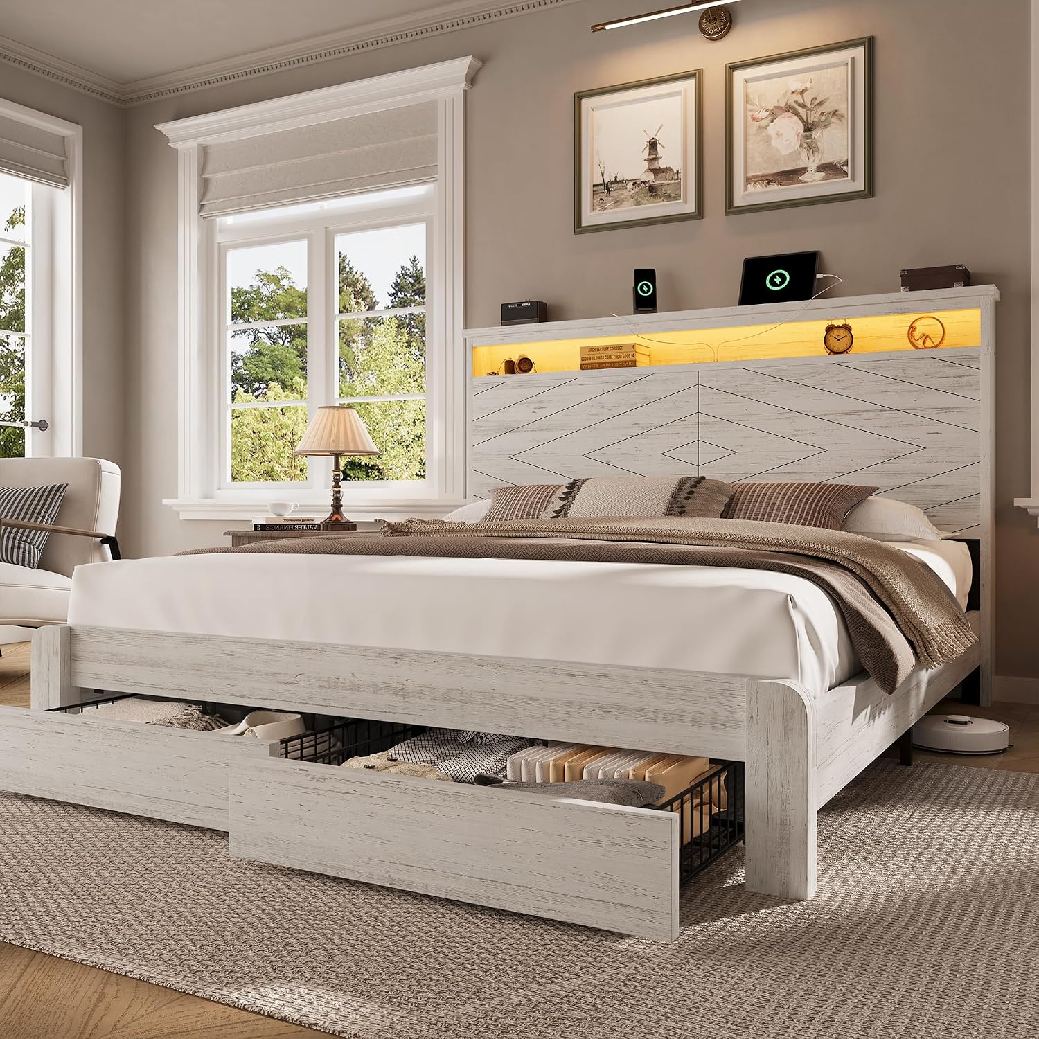 King Size Bed Frame With Storage Drawers - Cadre de lit plateforme en bois