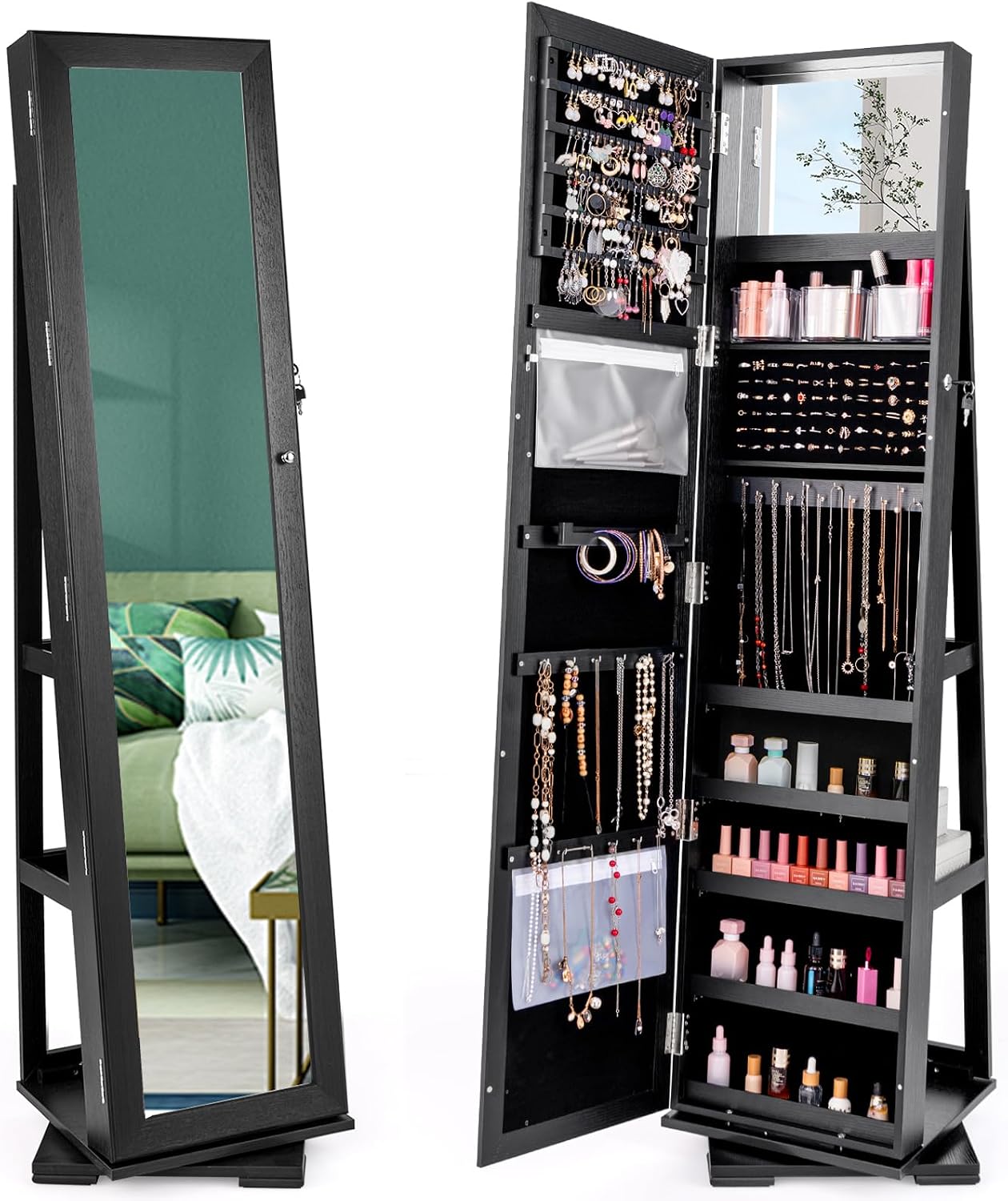 Full Length Mirror Jewelry Armoire - Armoire à bijoux noire sur pied