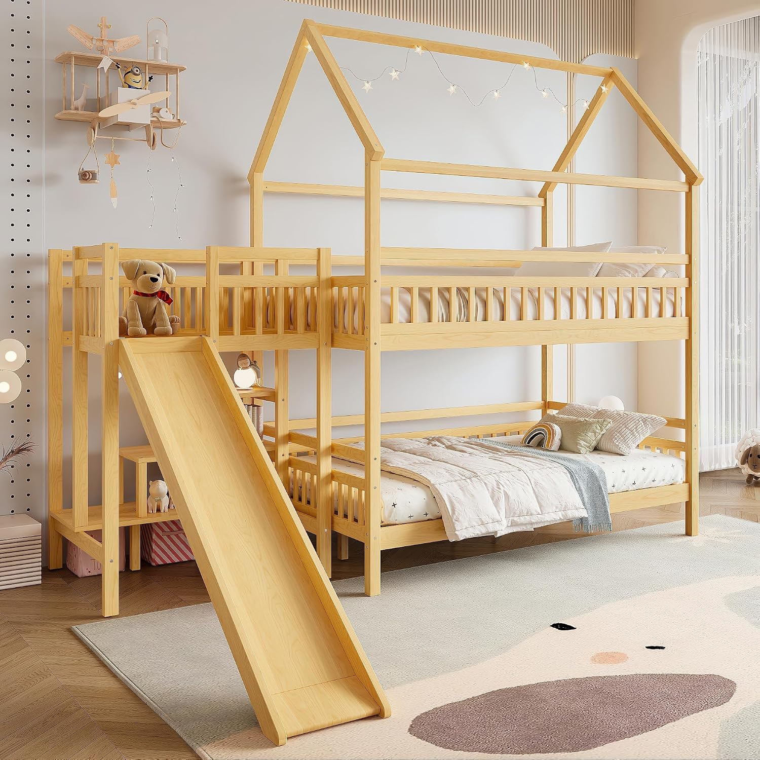 Bunk Bed With Stairs And Slide - Lit superposé double avec toit de
