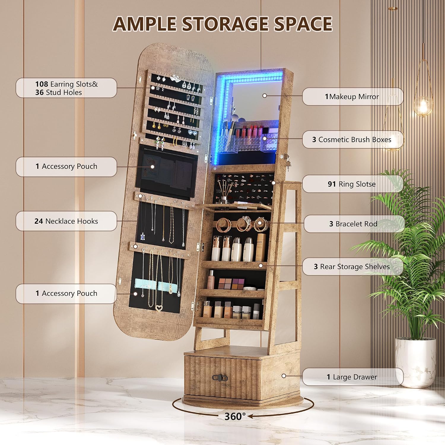 Organiseur de bijoux pivotant  - Full Length Mirror Jewelry Armoire avis et prix
