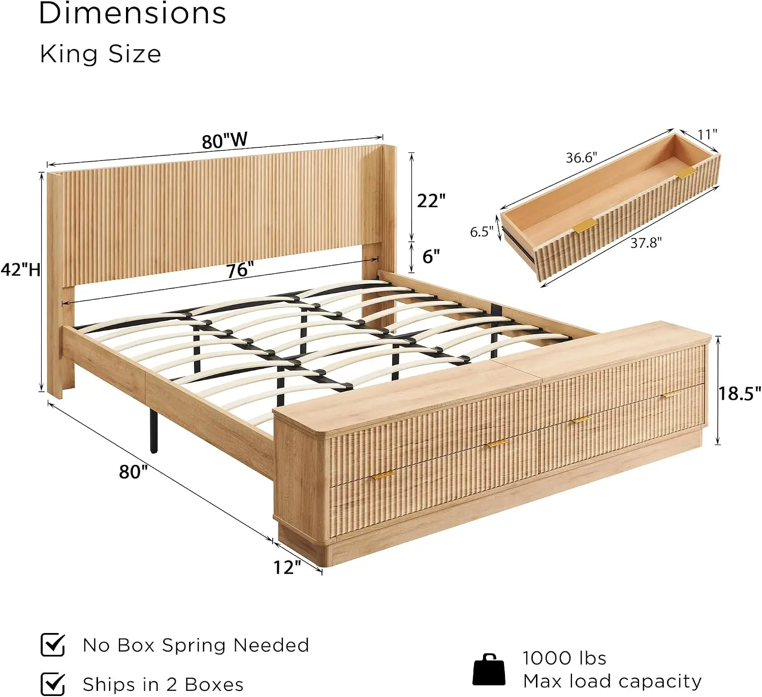 Cadre de lit King Size cannelé - King Size Bed Frame With Storage Drawers avis et prix