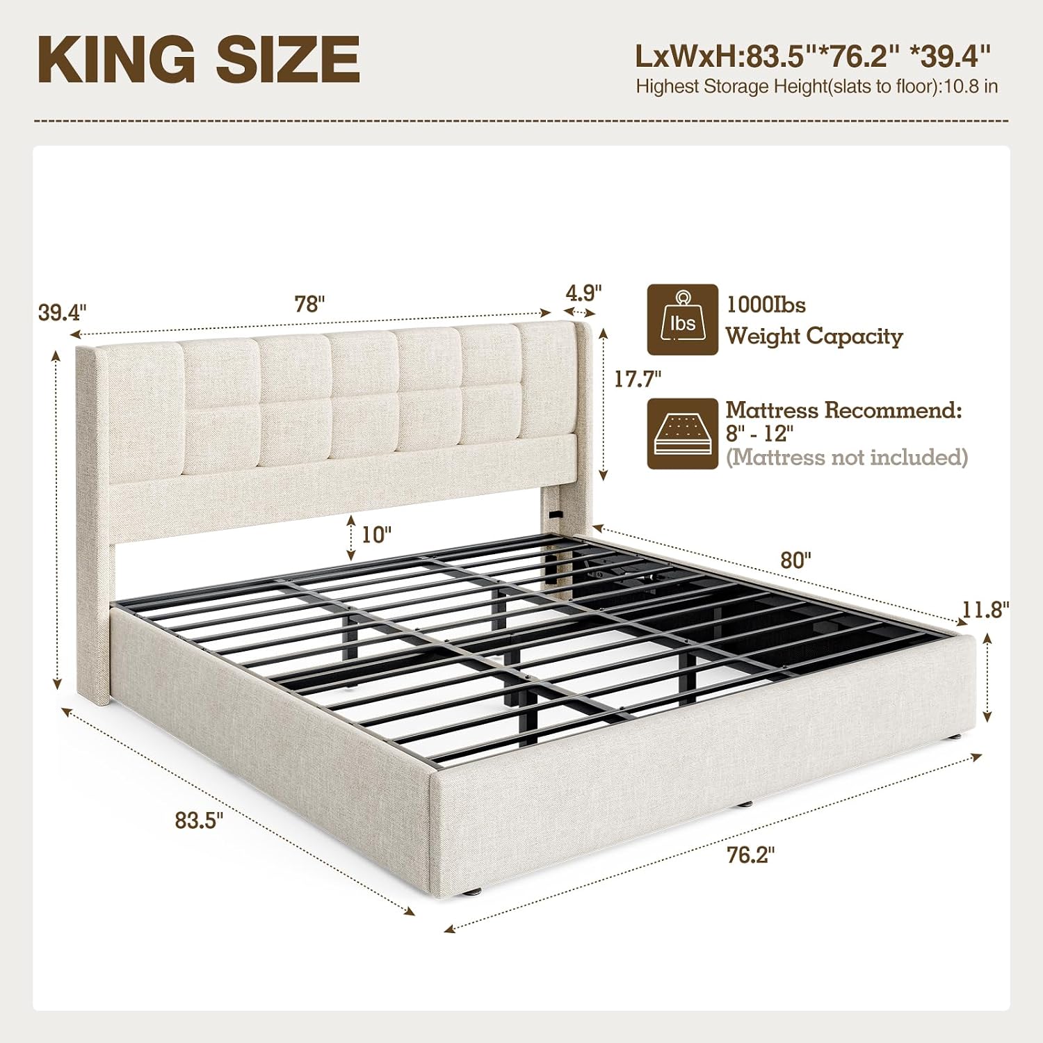 Cadre de lit King avec platefo - Gas Lift Storage Bed Hydraulic avis et prix