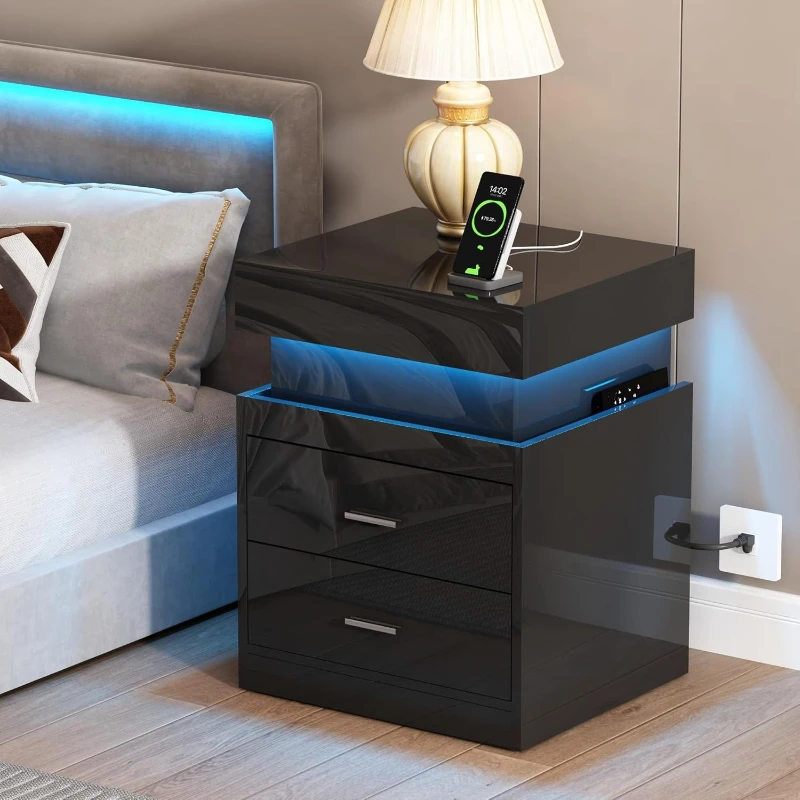 Table de chevet LED avec stati - Solid Wood Nightstand 2 Drawers avis et prix