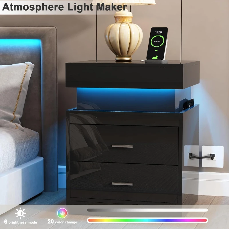Table de chevet LED avec stati - Solid Wood Nightstand 2 Drawers avis et prix